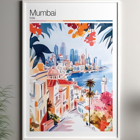 Mumbai Print Soft Colors Travel Poster Colourful Wall Art India City Decor For