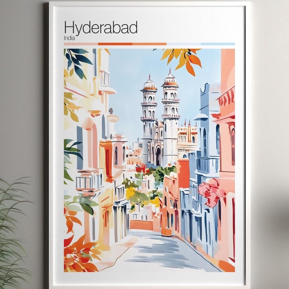 Hyderabad Print Soft Colors Travel Poster Colourful Wall Art India City Decor For