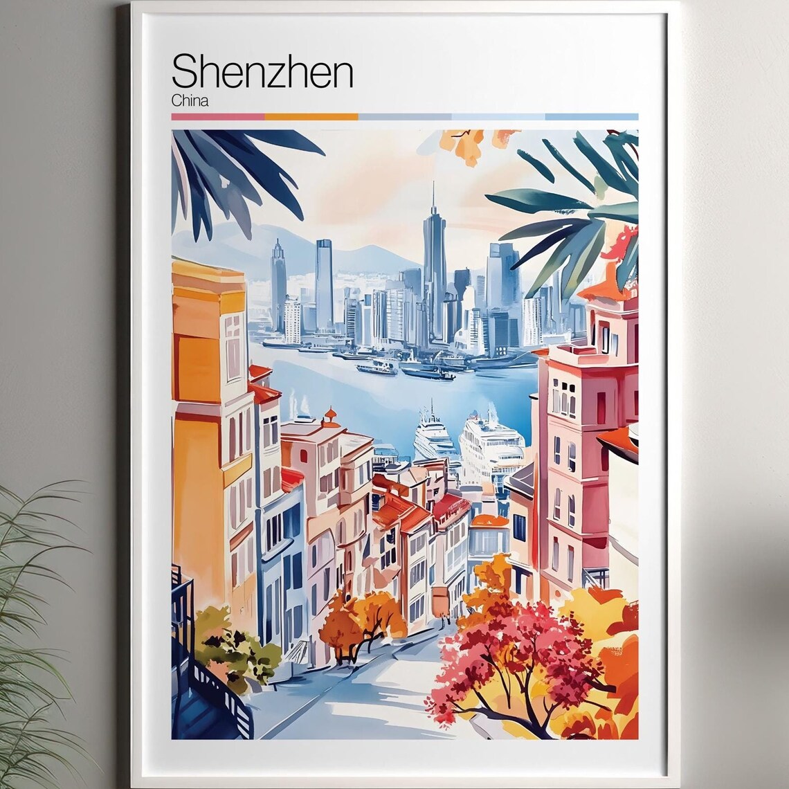 Shenzhen China Skyline Harbor Palm Leaves Colorful Travel Poster