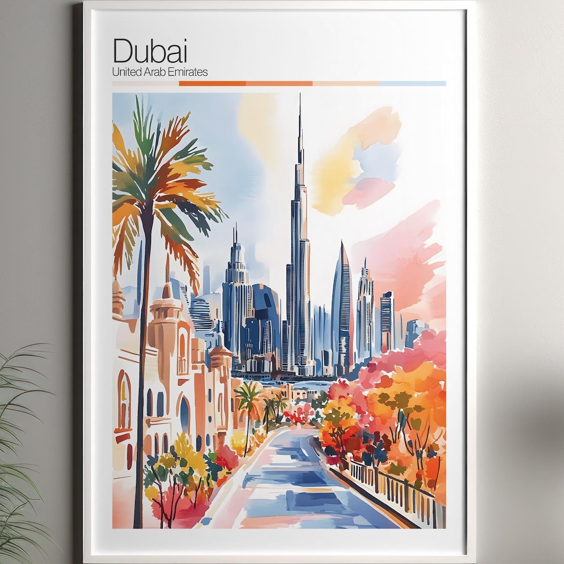 Dubai United Arab Emirates Watercolor Travel Poster Burj Khalifa View