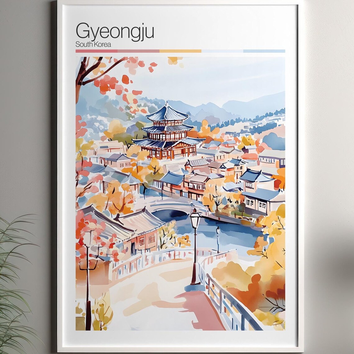 Gyeongju South Korea Pagoda Autumn Watercolor Soft Color Travel Poster