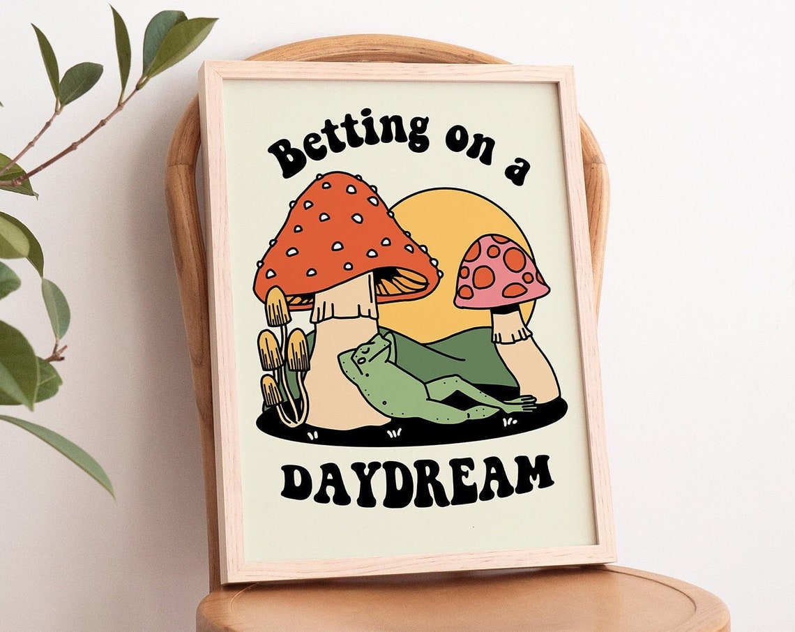 Frog Mushroom 70s Print Cute Froggy Poster Positive Retro Wall Decor Large Art Prints Colorful