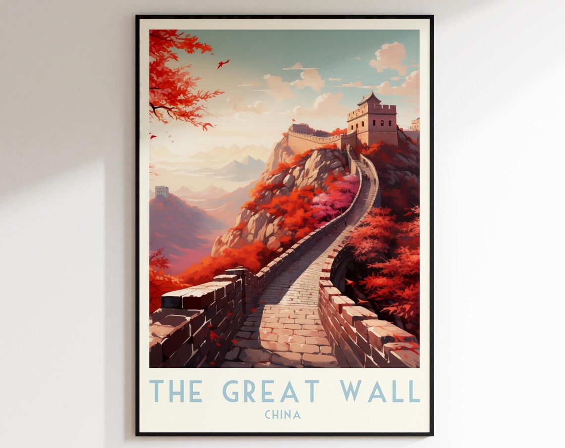 The Great Wall China Autumn Red Foliage Mountains Travel Poster