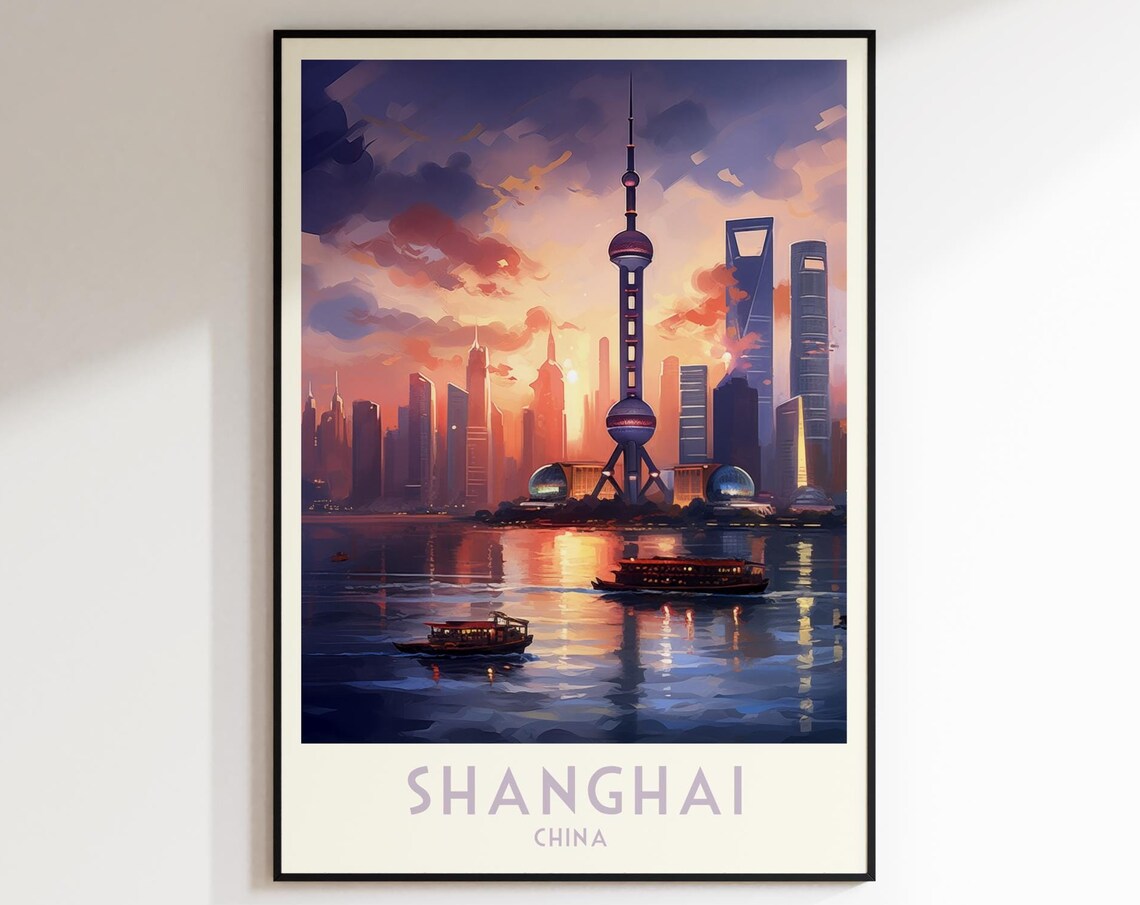 Shanghai China Pudong Skyline Sunset River Boats Travel Poster