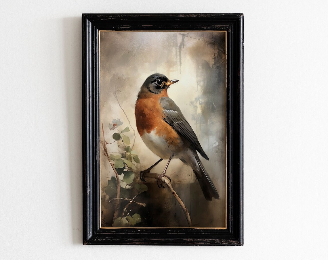 Vintage American Robin Oil Painting Moody Bird Portrait Art Print