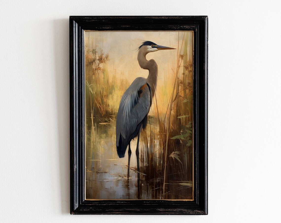 Great Blue Heron Marsh Sunset Vintage Wildlife Painting Poster
