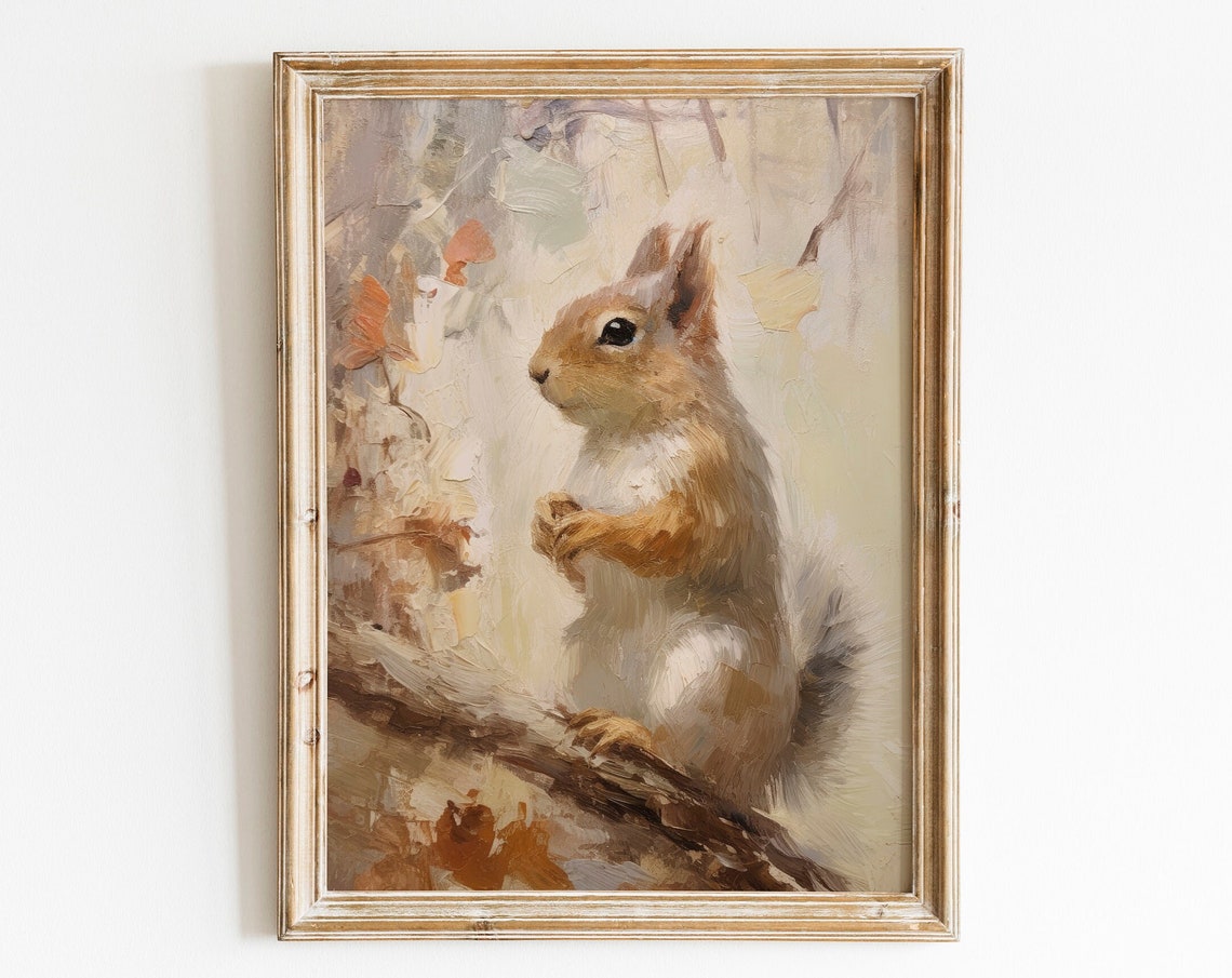 Cute Red Squirrel Autumn Branch Portrait Vintage Style Poster
