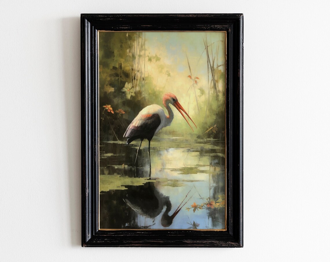 Roseate Spoonbill Wading Marsh Vintage Wildlife Painting Poster