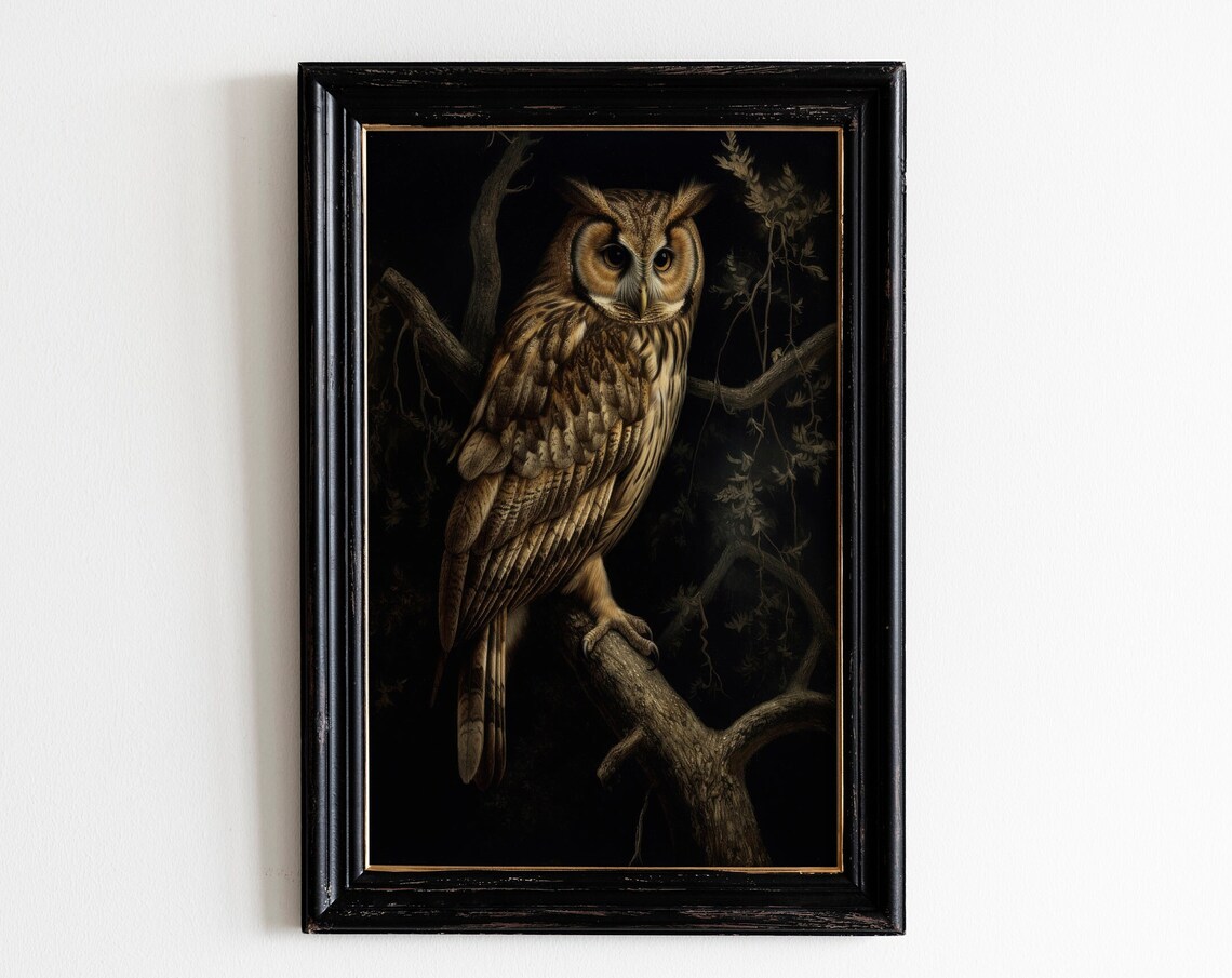 Great Horned Owl Night Branch Moody Dark Farmhouse Wall Poster
