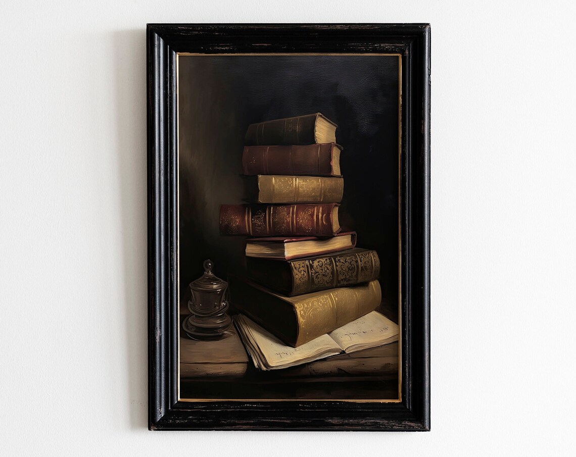 Antique Books Stack Dark Moody Vintage Library Oil Painting Poster