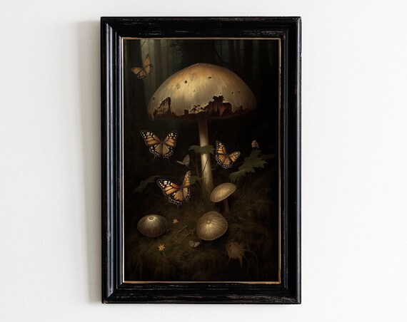 Mushroom And Butterfly Dark Academia Print Moody Gothic Wall Art Dark Cottagecore Witchy Decor And Gift