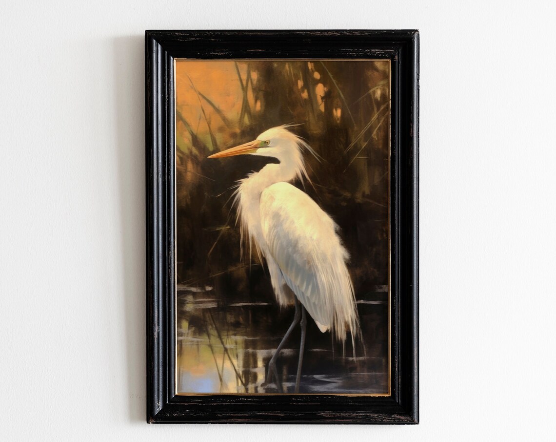 White Egret Marsh Sunset Vintage Wildlife Bird Painting Poster