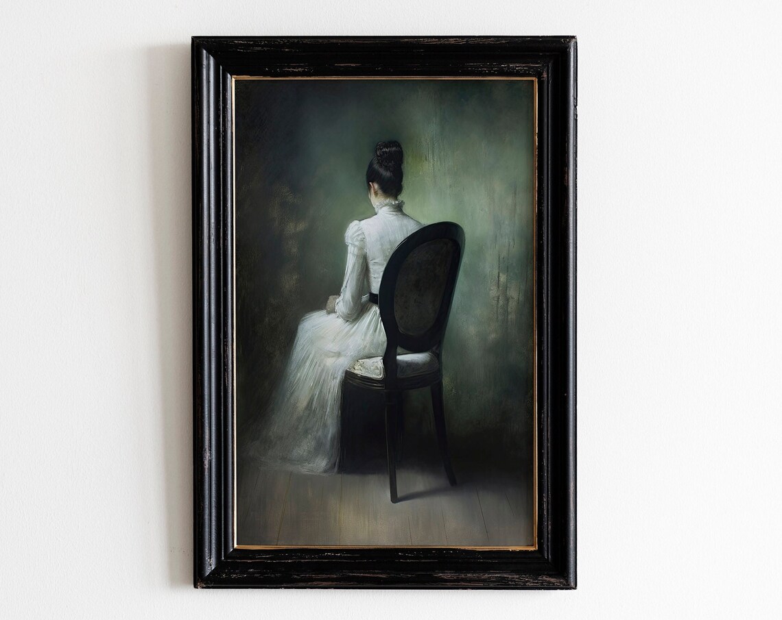 Lonely Woman White Dress Moody Dark Academia Oil Portrait Poster