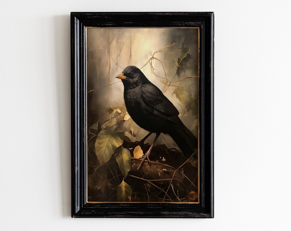 Vintage Blackbird Oil Painting Moody Bird Portrait Art Print