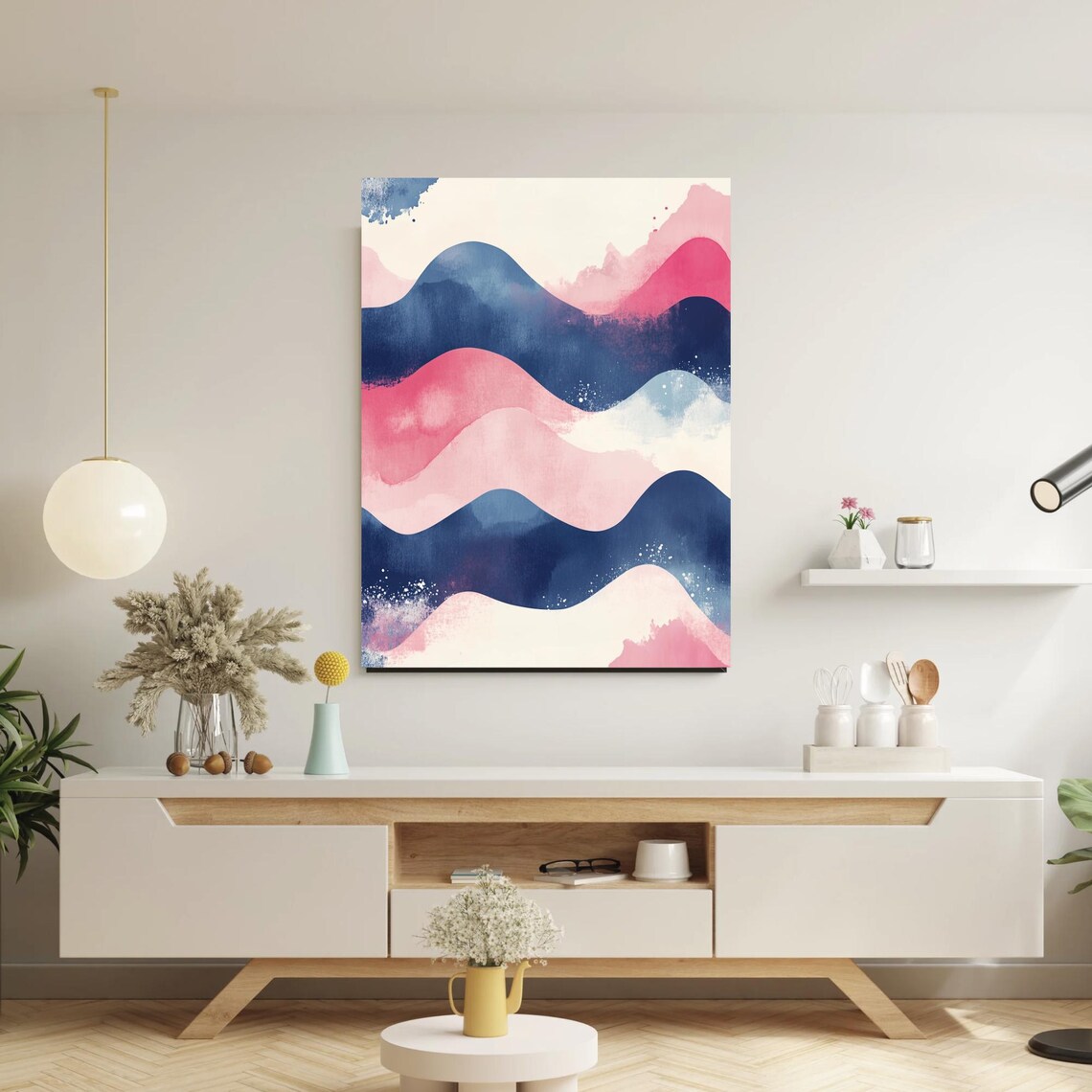 Pink and Navy Wavy Stripe Abstract Watercolor Painting Poster