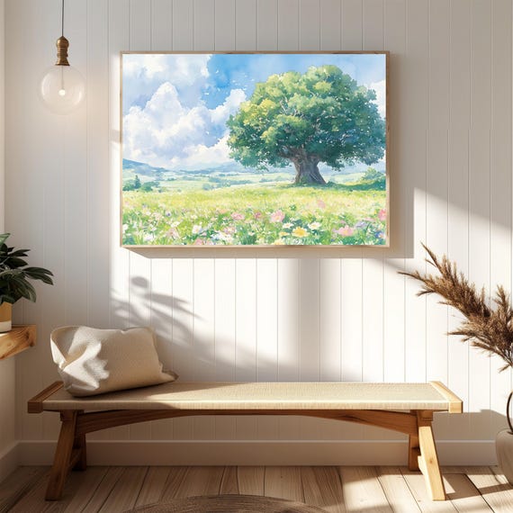 Beautiful Nature Landscape Wall Art Tree In Meadow Print Serene Green Poster Summer Field Artwork Peaceful Home Decor