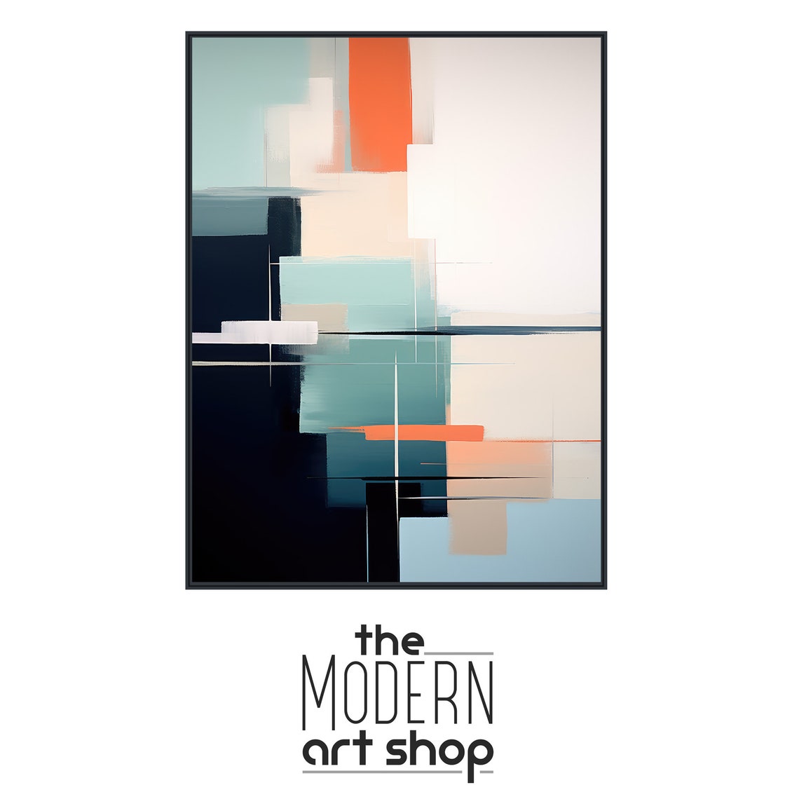 Large Abstract Wall Art Modern Geometric Painting Framed Print Black Teal Orange Quiet Voyage 2 - Image 4