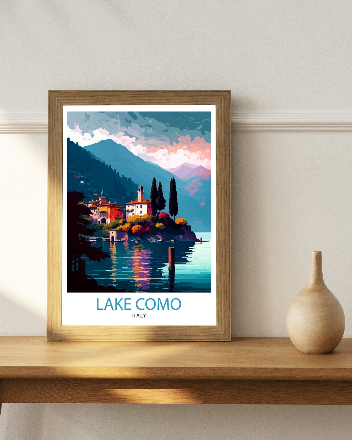 Lake Como Italy Lakeside Village Sunset Reflection Travel Poster - Image 2