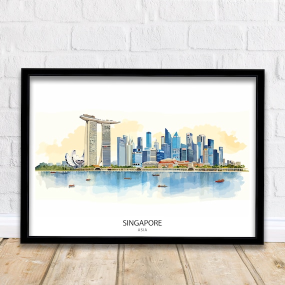 Singapore Asia Skyline Watercolor Marina Bay Sands Style Travel Poster