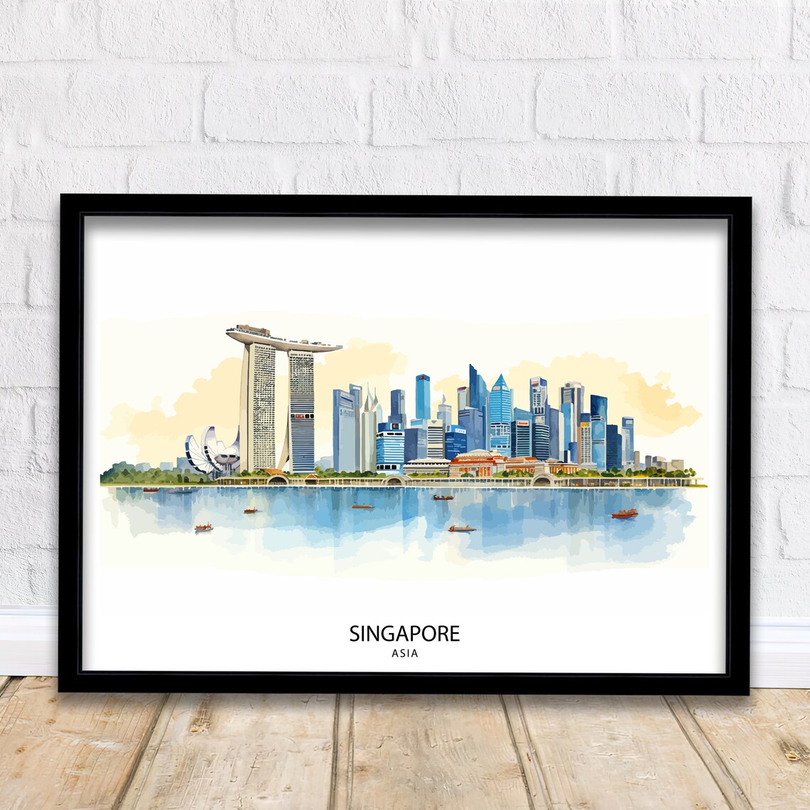 Singapore Asia Skyline Watercolor Marina Bay Sands Style Travel Poster
