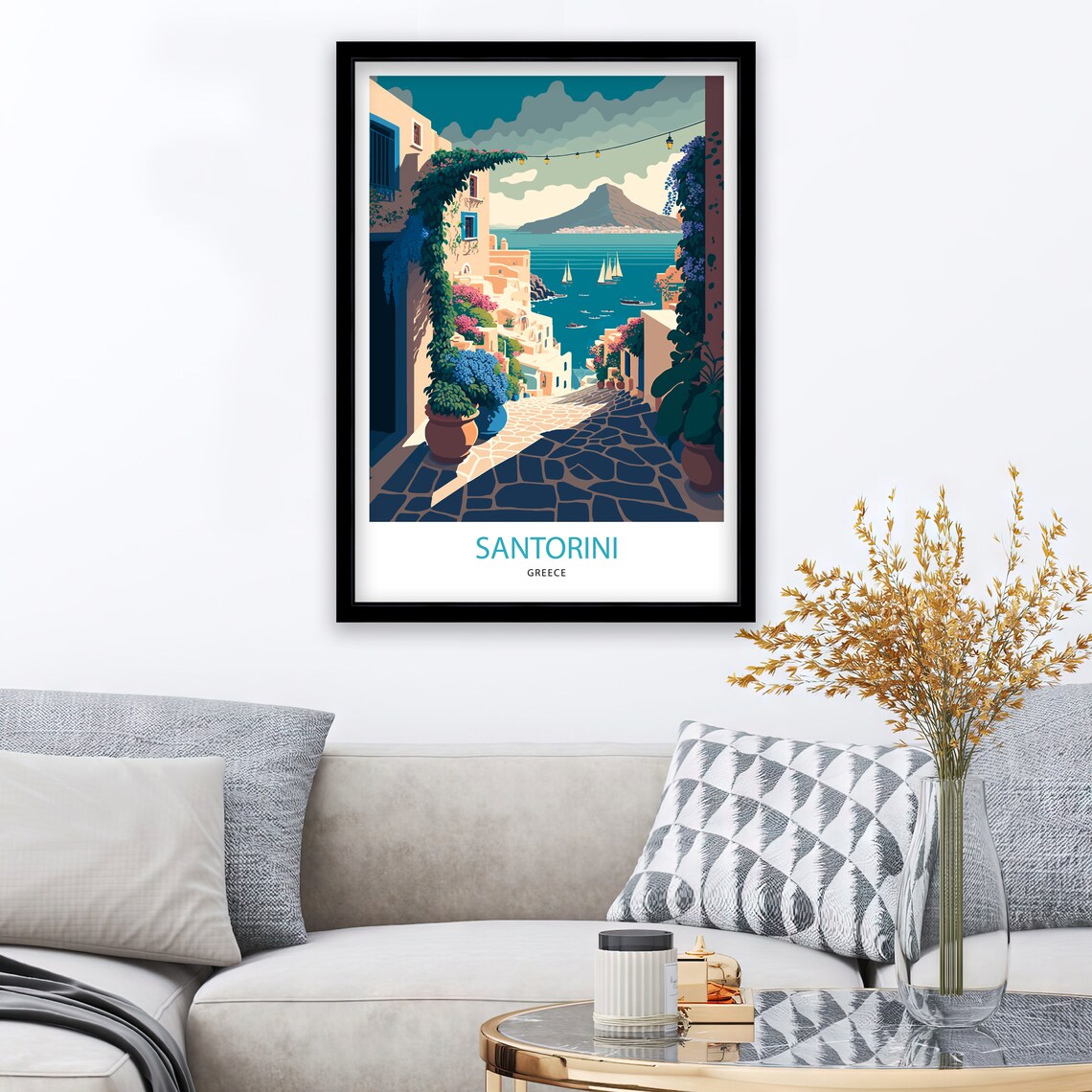 Santorini Greece Coastal Village Flower Lane Seascape Art Poster - Image 2