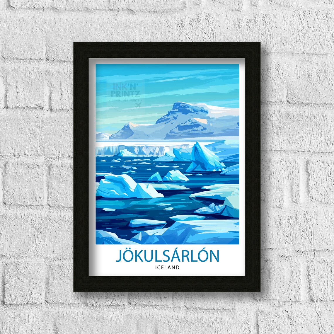Jokulsarlon Iceland Glacier Lagoon Icebergs Blue Travel Art Poster - Image 3