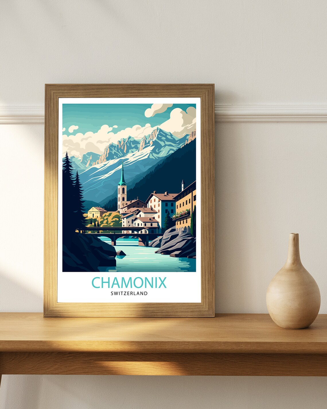 Chamonix Switzerland Alpine Valley Town Church Bridge Travel Poster - Image 3