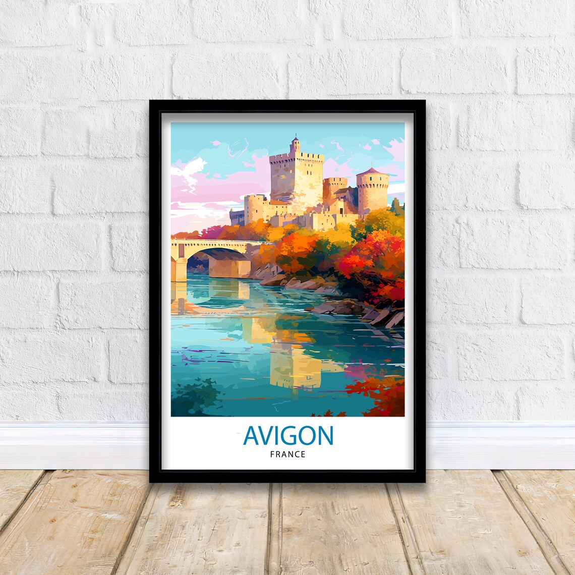 Avignon France Riverside Fortress Bridge Autumn Trees Scene Poster - Image 2