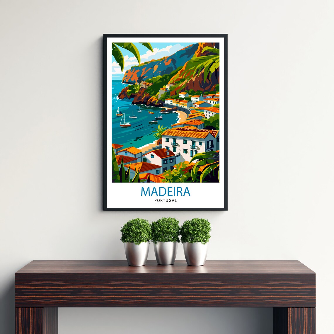 Madeira Portugal Coastal Cliff Village Sailboats Travel Poster - Image 3