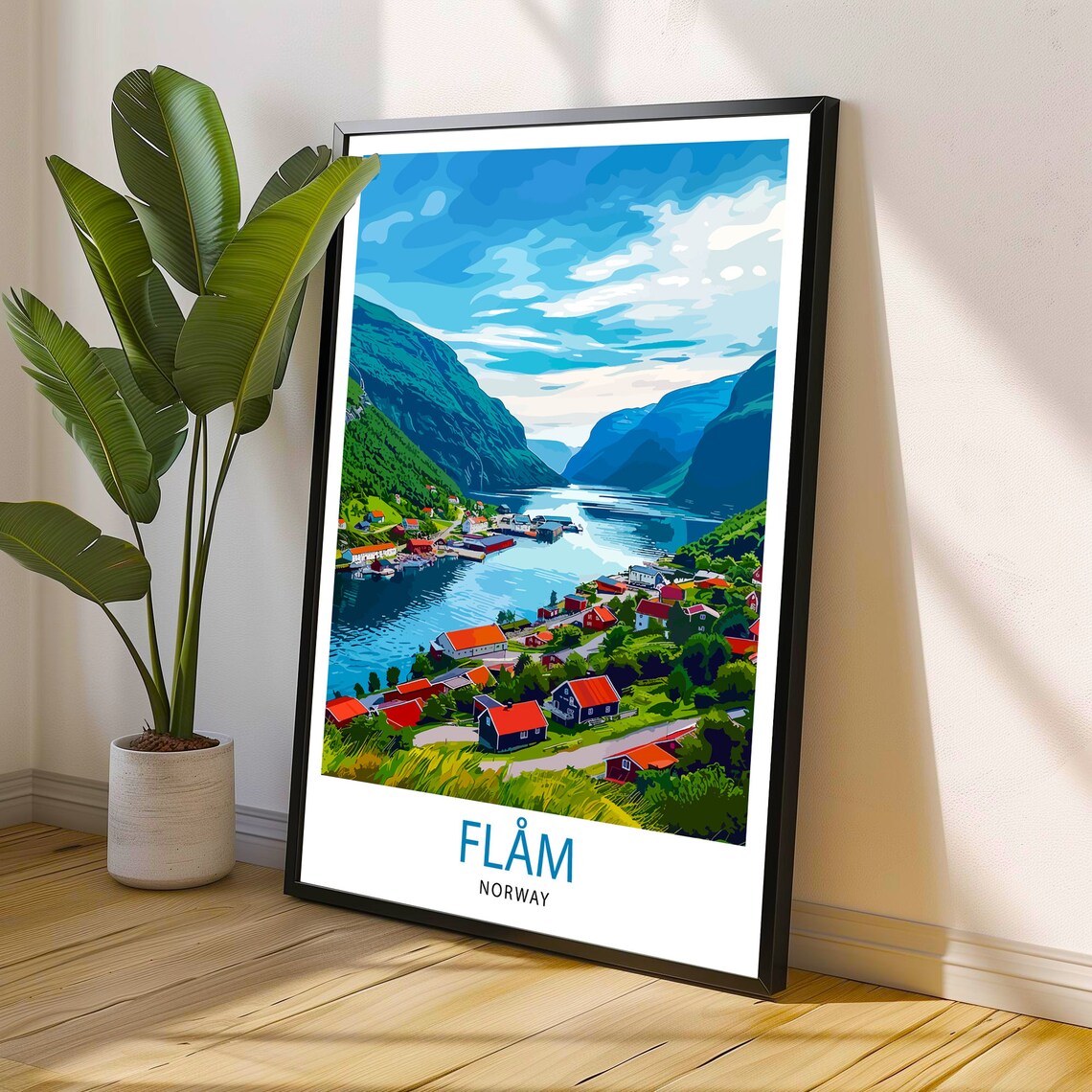 Flam Norway Fjord Village Red Cabins Vintage Style Travel Poster - Image 3