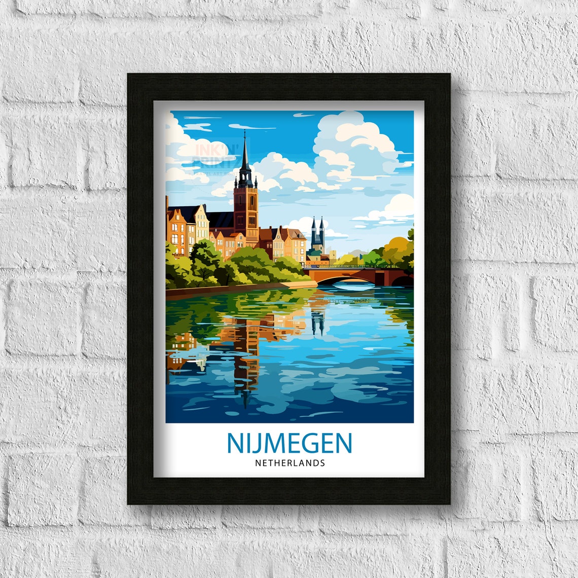Nijmegen Netherlands River Bridge Churches Scene Travel Poster - Image 3