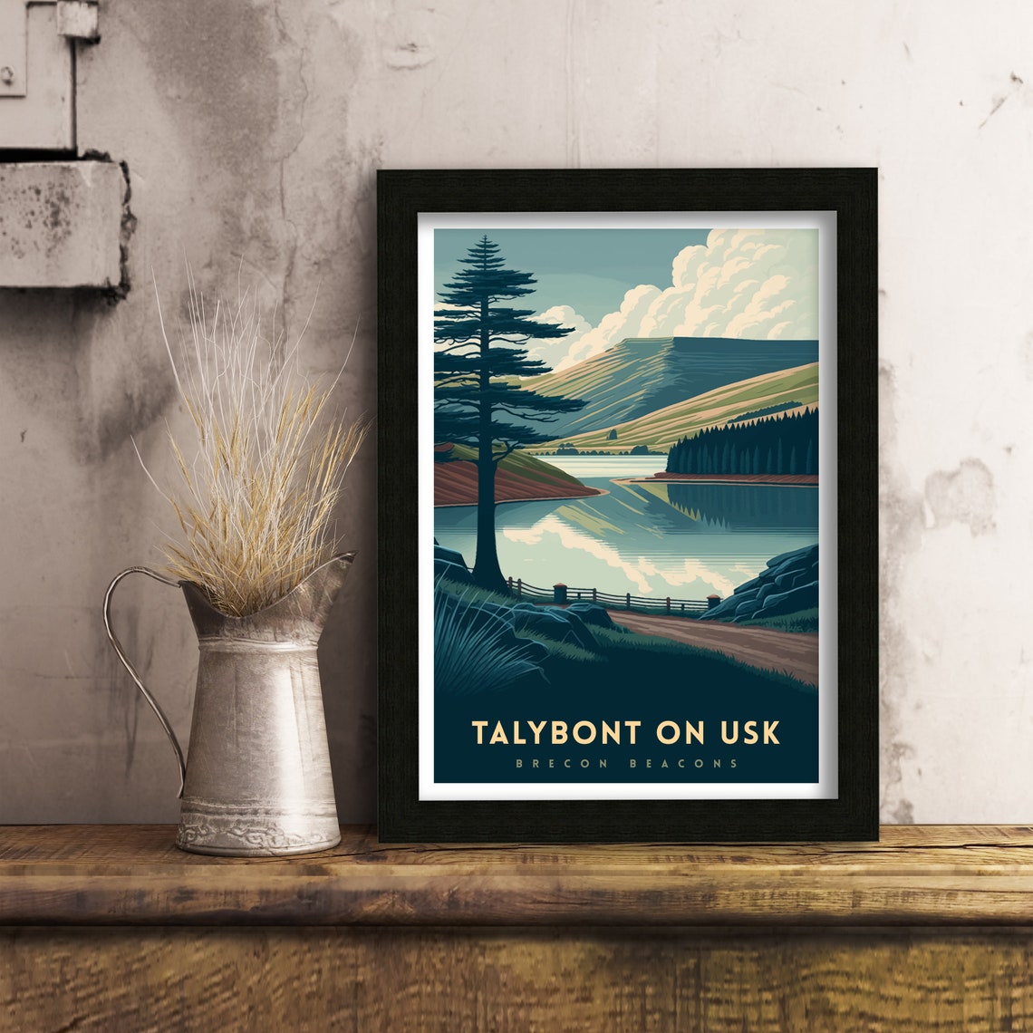Talybont on Usk Brecon Beacons Reservoir Hills Vintage Travel Poster - Image 3