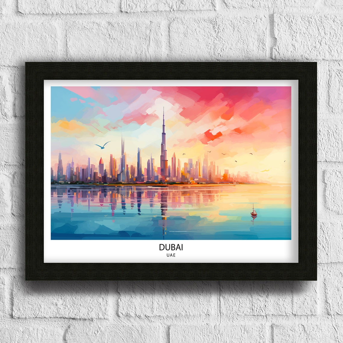 Dubai UAE Skyline Sunset Watercolor Reflections Travel Poster - Image 3