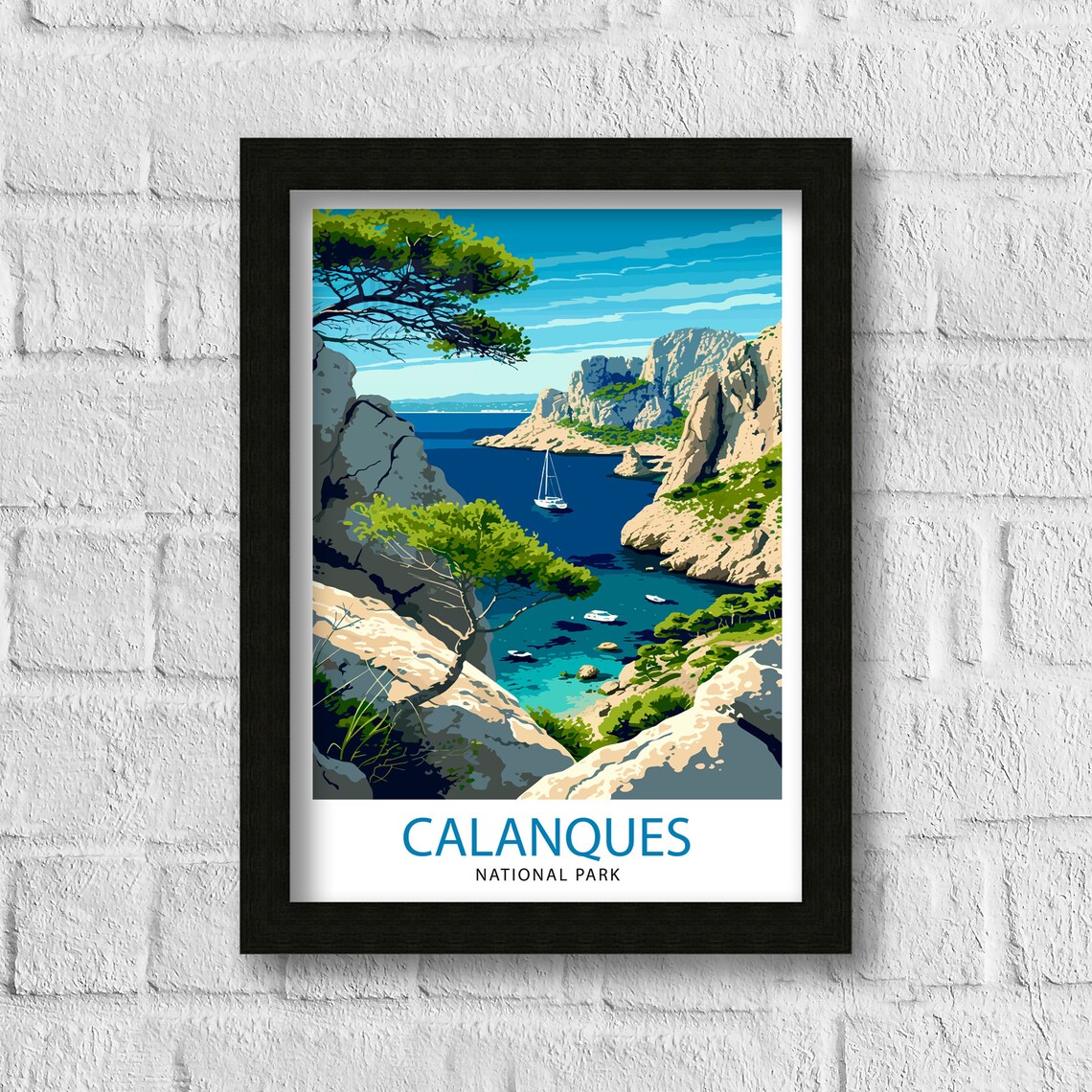 French Calanques National Park Rocky Inlet Sailboats Travel Poster - Image 3