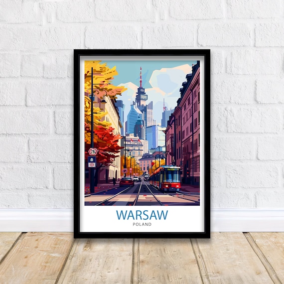 Warsaw Poland Autumn City Street Tram Illustrated Travel Poster