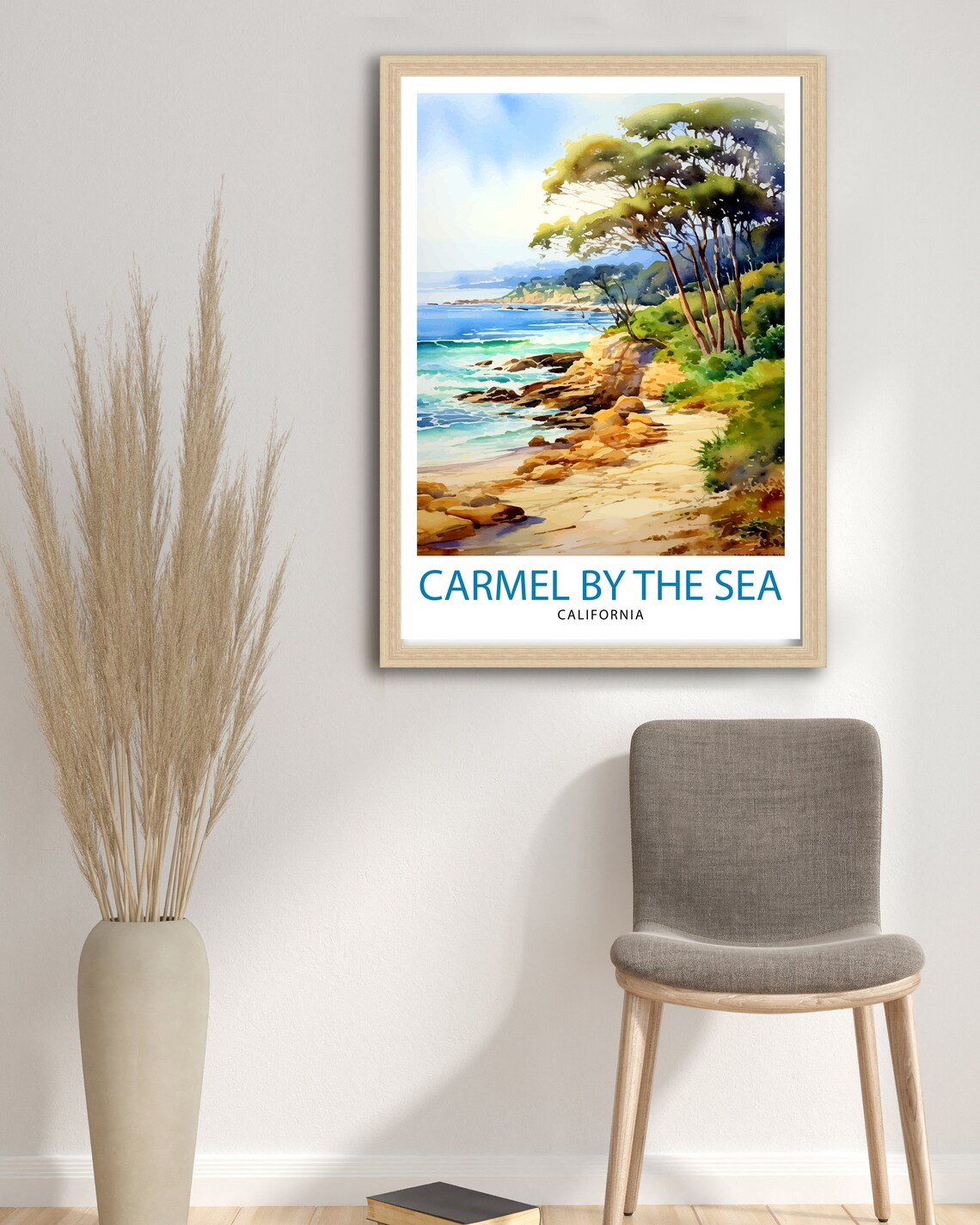 Carmel By The Sea California Watercolor Rocky Shore Art Poster - Image 3