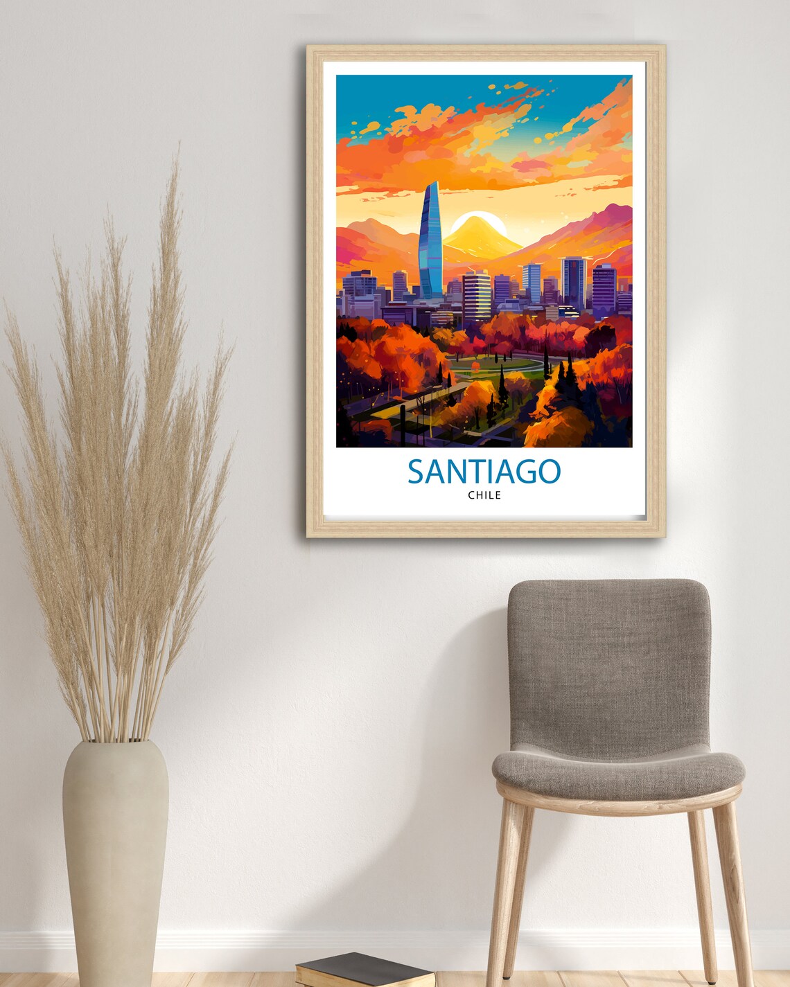 Santiago Chile Glowing Skyline at Sunset With Mountain Peaks Poster - Image 2