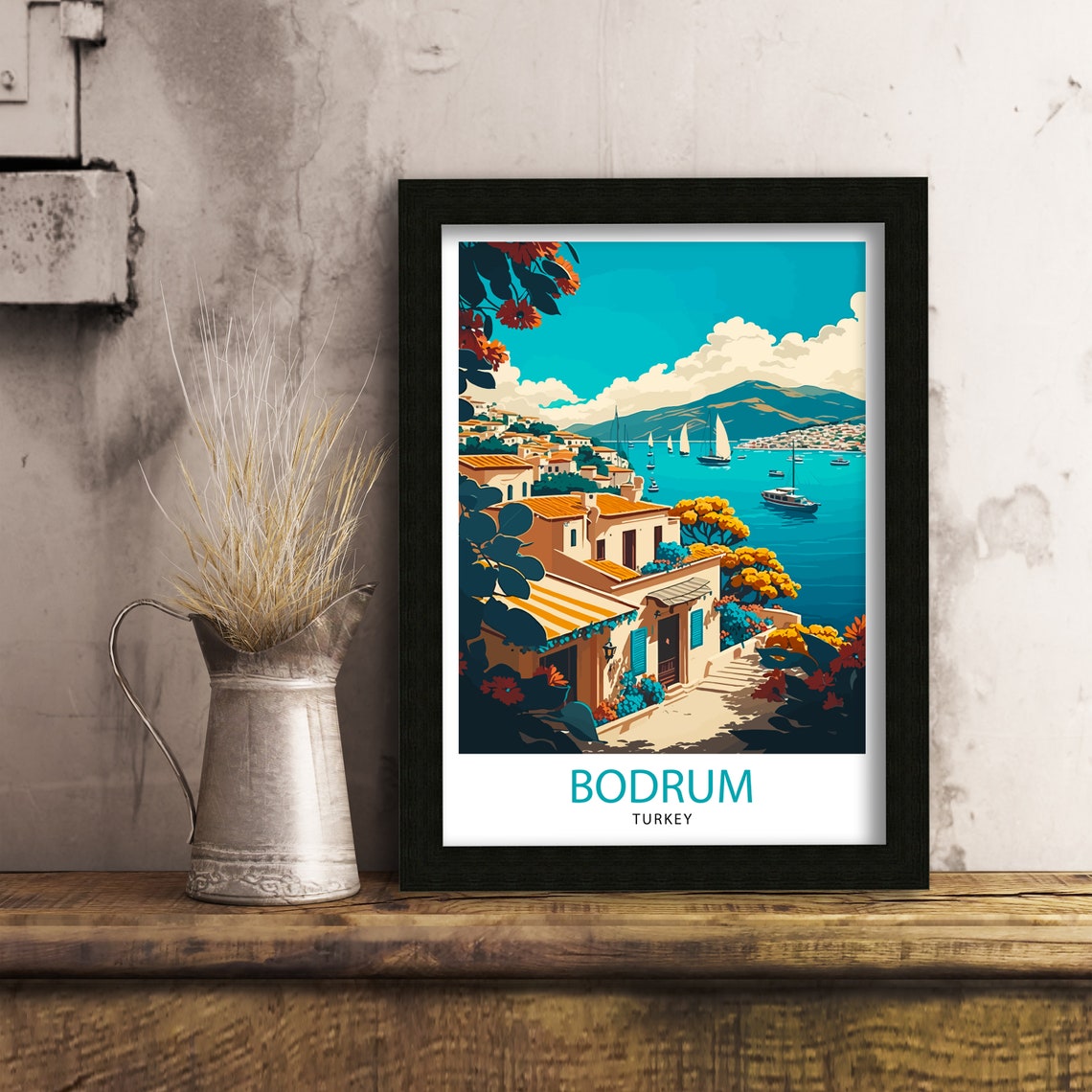 Bodrum Turkey Aegean Harbor White Houses Sailboats Travel Poster - Image 3