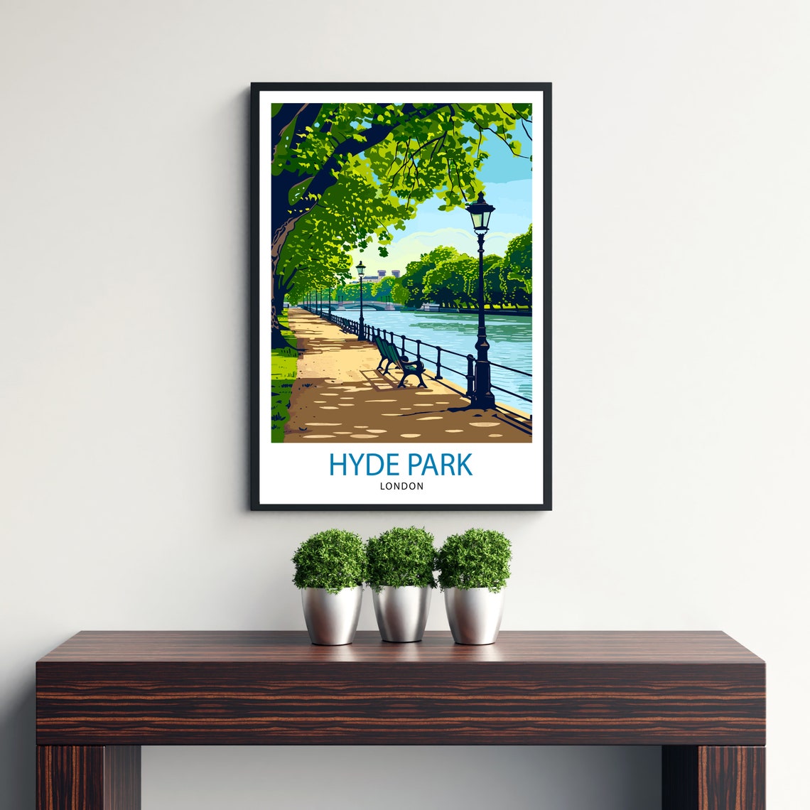 Hyde Park London Riverside Path Benches Lamps Vintage Travel Poster - Image 3