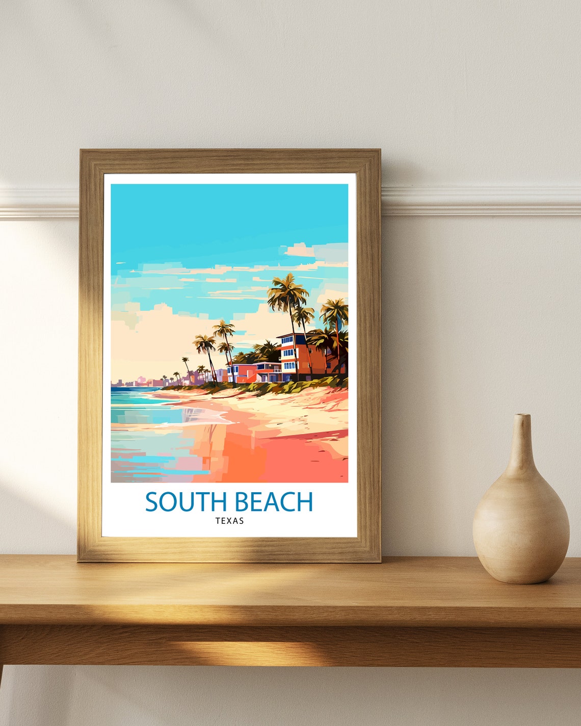 South Beach Texas Dusk Shore Pastel Beachfront Houses Poster - Image 3
