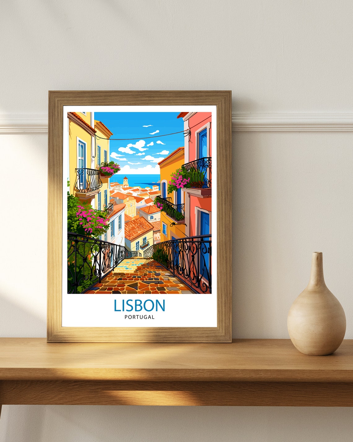 Lisbon Portugal Colorful Balcony Street Coastal View Travel Poster - Image 2