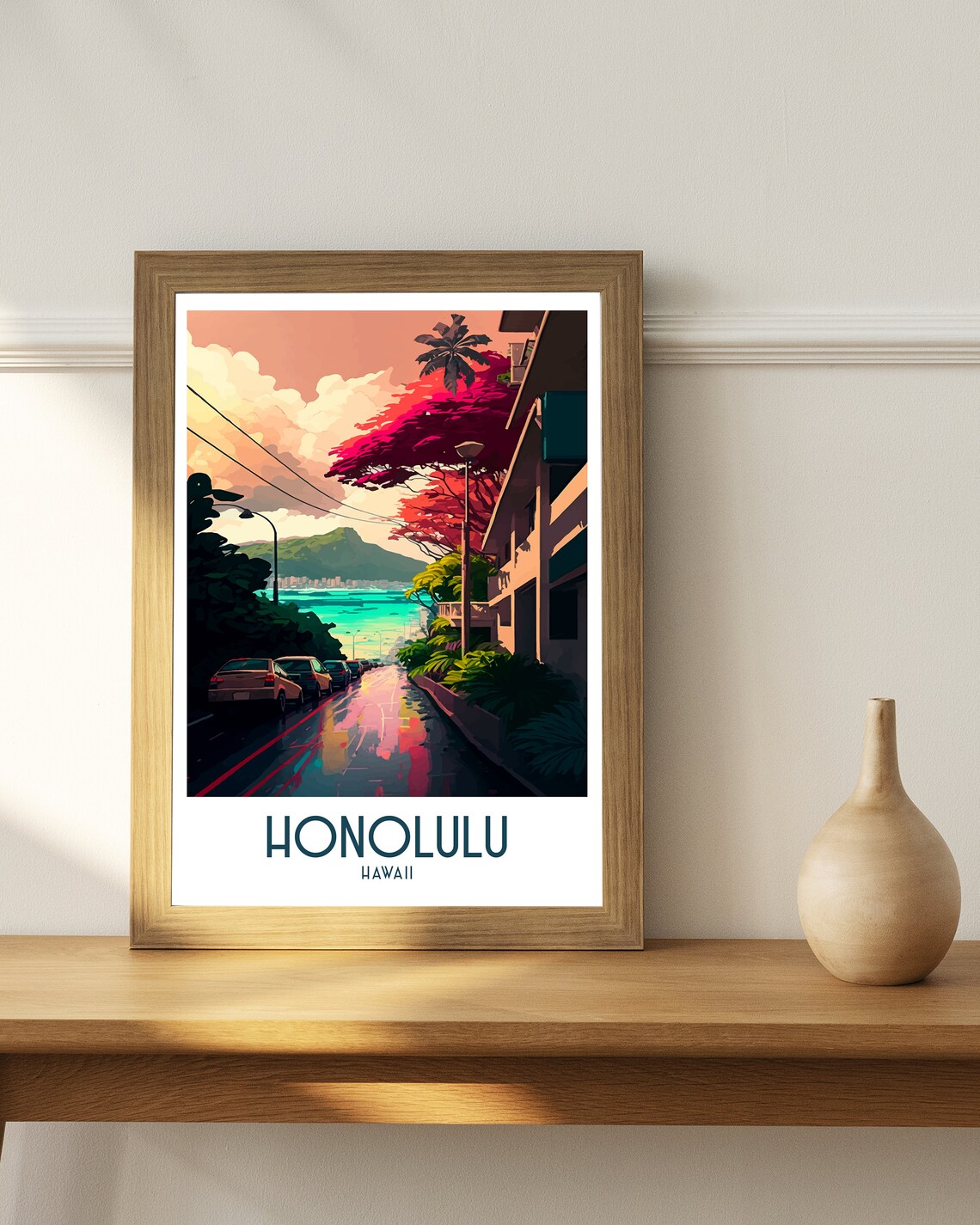 Honolulu Hawaii Street Beach Ocean Headland Vintage Travel Poster - Image 3