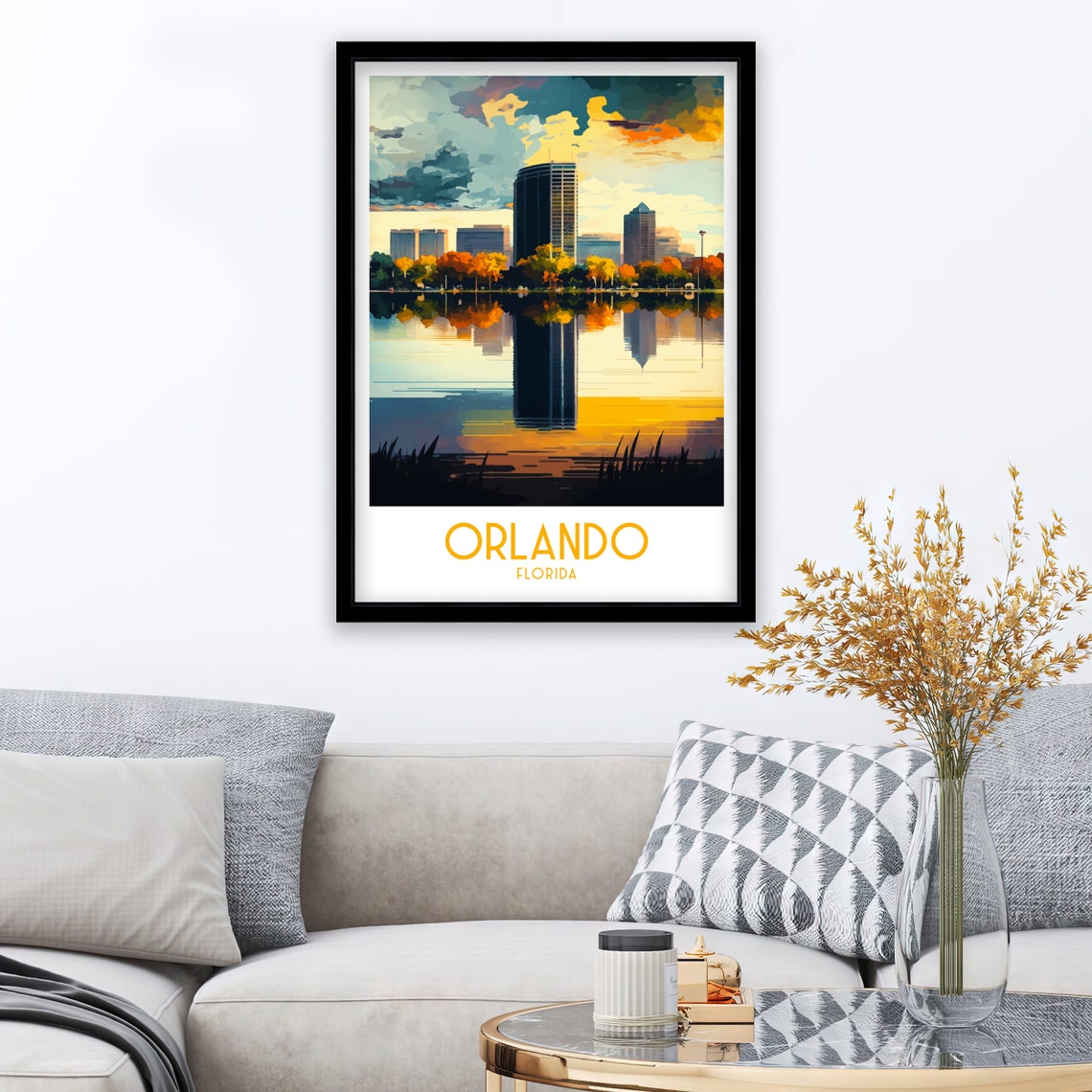 Orlando Florida Skyline Lake Reflection Sunset Art Travel Poster - Image 3