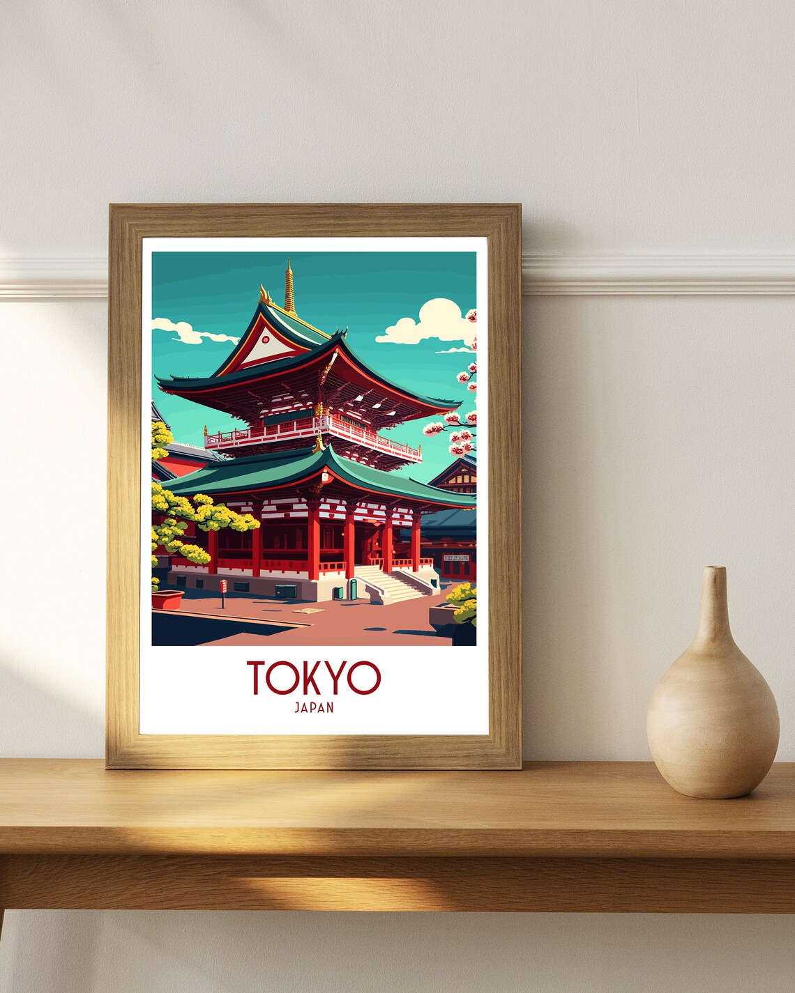 Tokyo Japan Travel Poster Red Pagoda Temple Cherry Blossom Art - Image 2