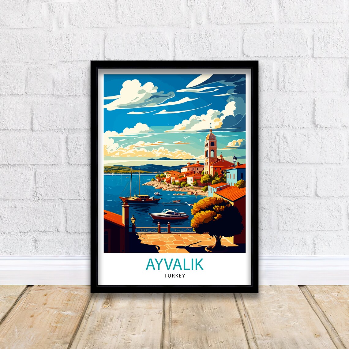 Ayvalik Turkey Harbor Boats Church Tower Seaside Town Travel Poster - Image 2