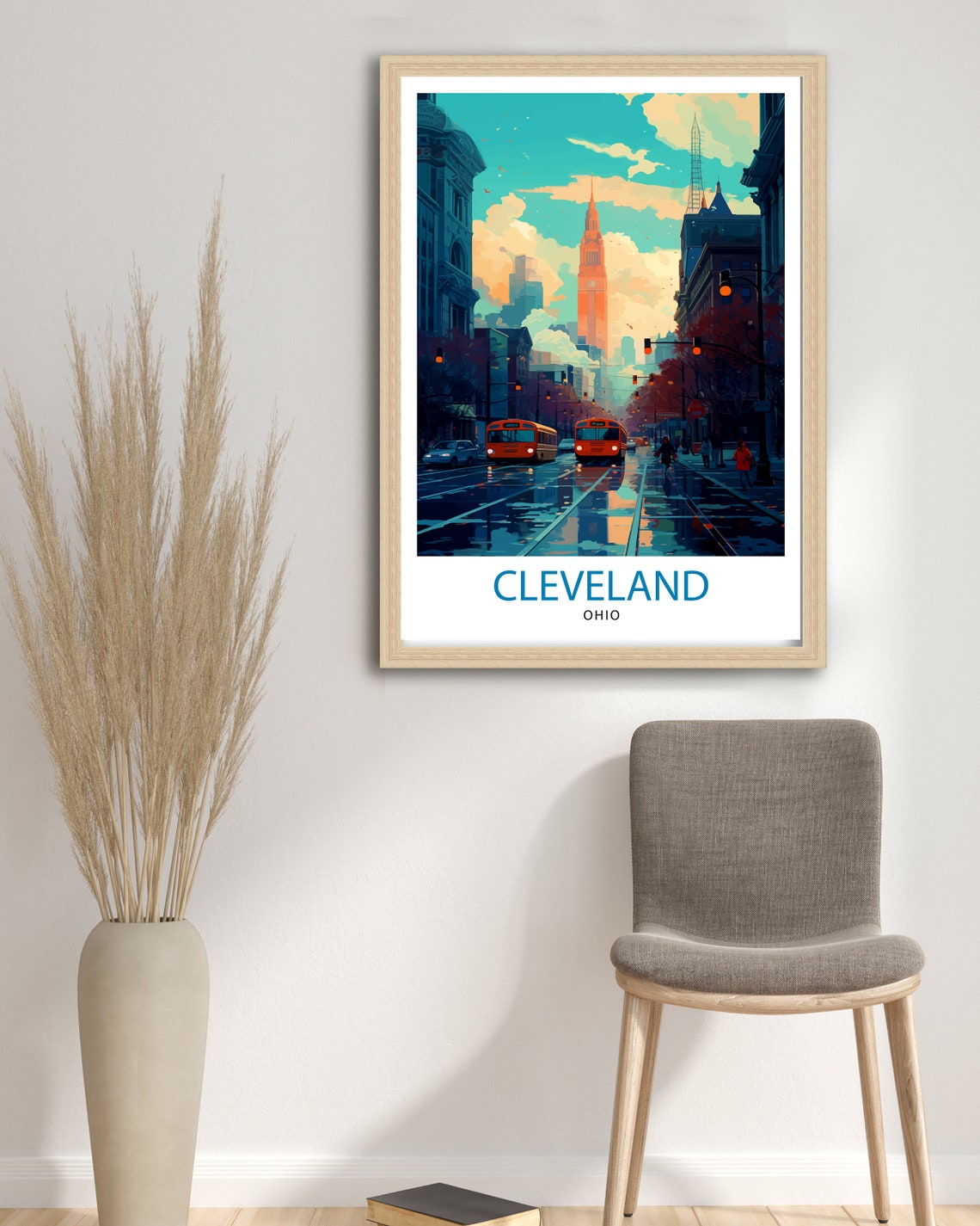 Cleveland Ohio Sunset Downtown Street City Bus Skyline Poster - Image 3