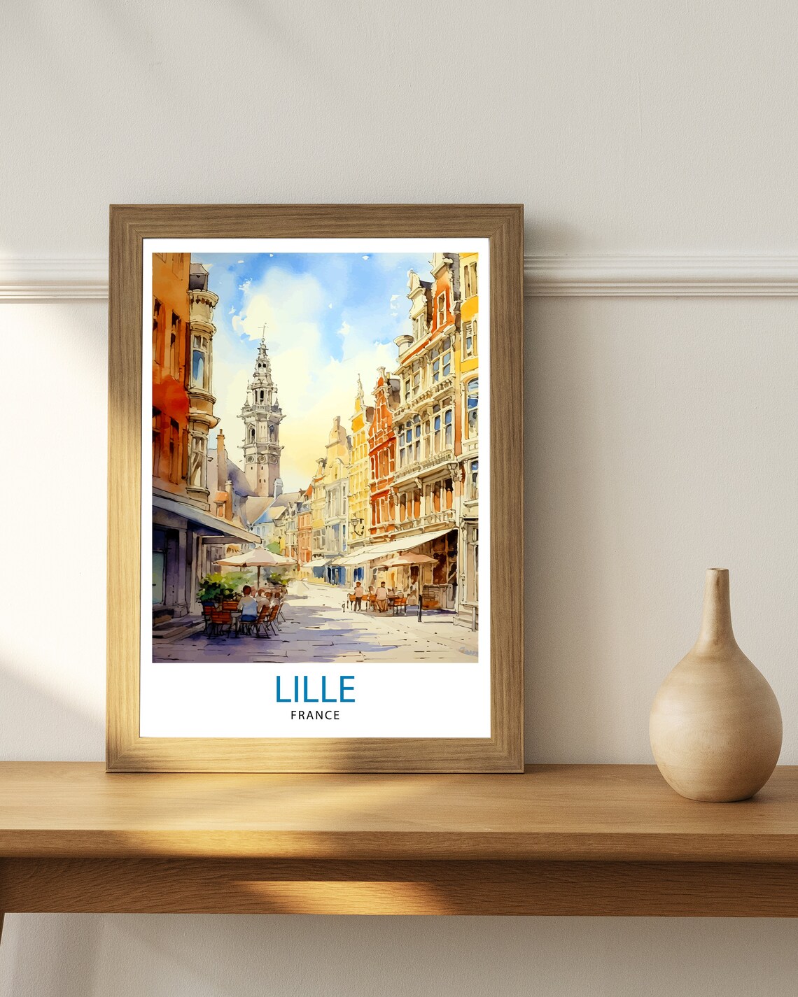 Lille France Watercolor Old Town Street Belfry Cafe Travel Poster - Image 2