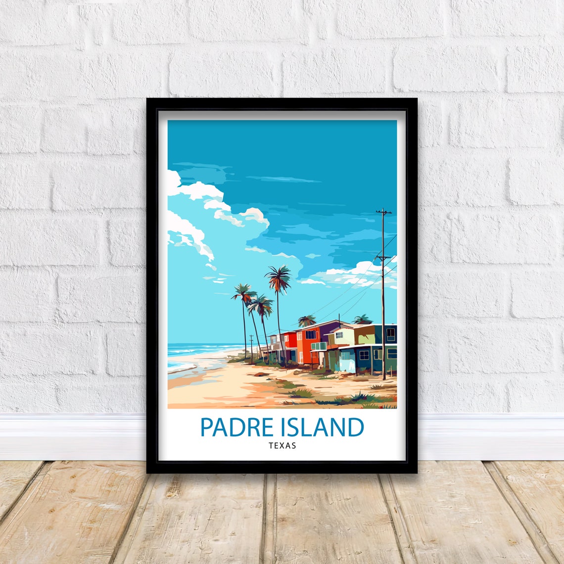 Padre Island Texas Sandy Beachfront Houses Palm Trees Poster - Image 2
