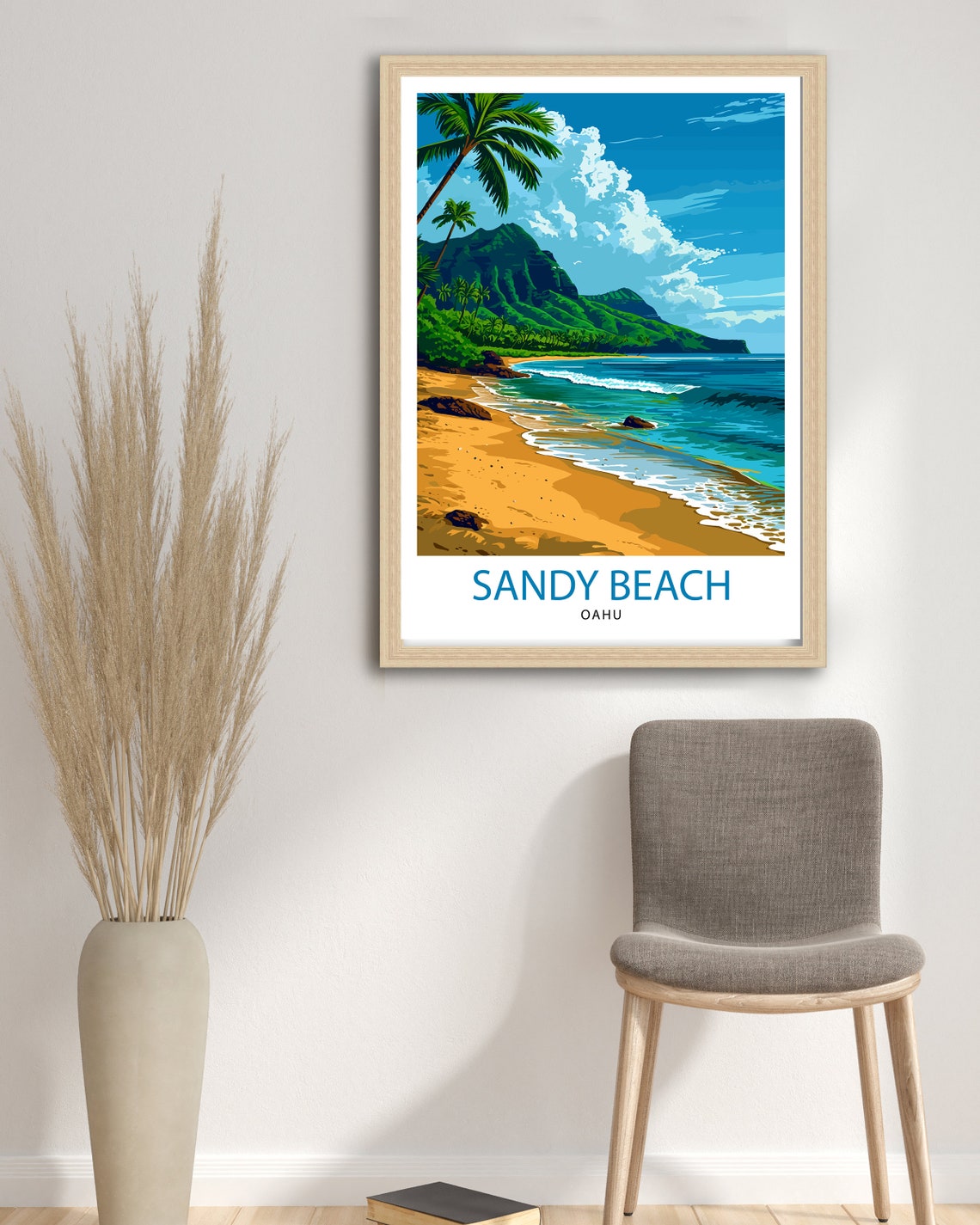 Sandy Beach Oahu Palm Cliffs Tropical Shore View Travel Poster - Image 2
