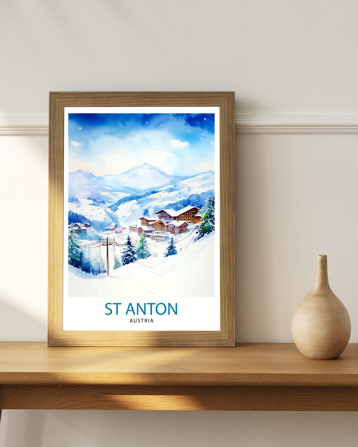 St Anton Austria Snowy Ski Village Mountain Watercolor Travel Poster - Image 3